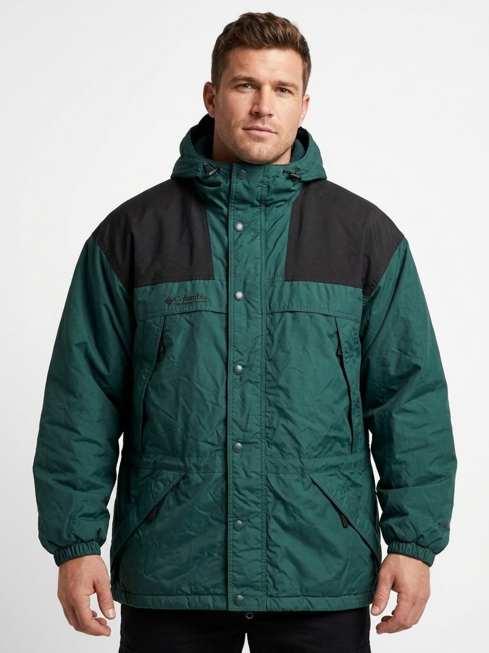 Columbia Men XL Forest Green Black Colorblock Hooded Fleece Lined Jacket Vintage